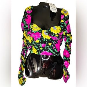 Zara black pink and yellow floral long sleeve top size small